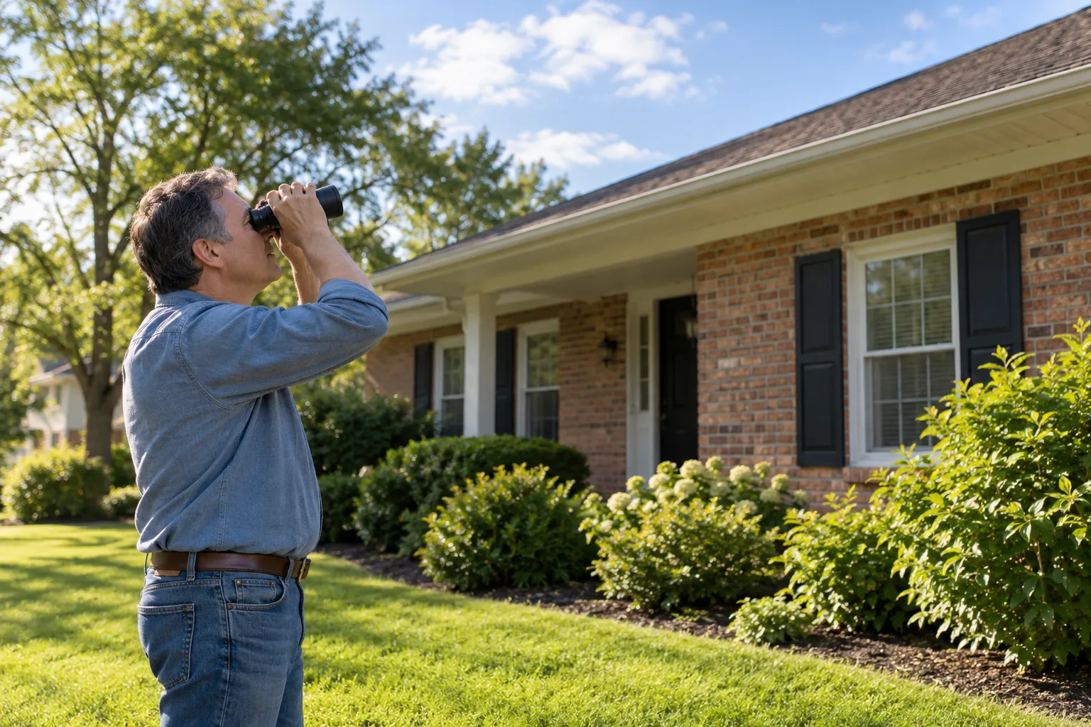Homeowner looking up at the roof of a brick ranch house in Kenner