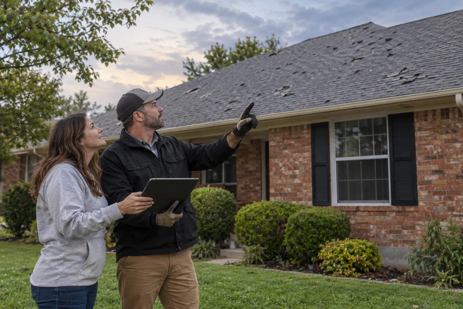 Homeowner and roofing provider looking at a hail-damaged shingle roof from the yard of a ranch home in the Kenner area